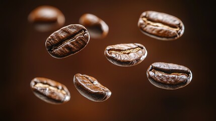   A group of coffee beans fly through the air, with coffee beans in the foreground and background