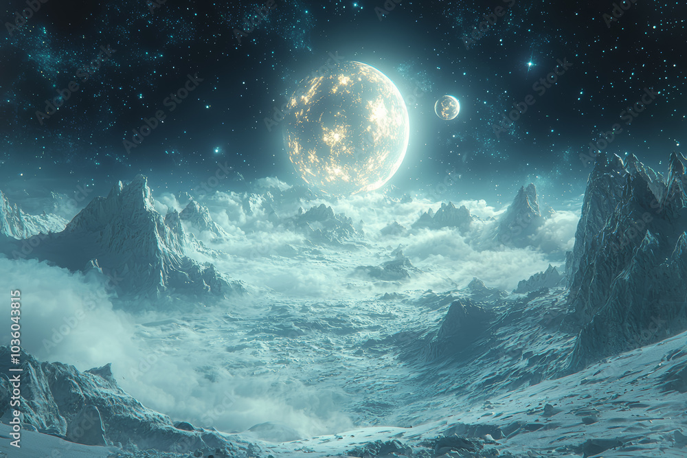 Poster a planet with multiple moons and alien civilizations living on each, representing interplanetary int