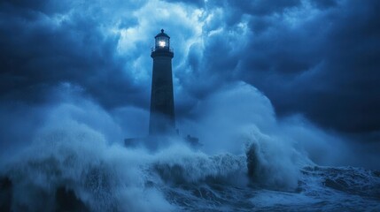 Fototapeta premium A lighthouse standing strong as waves crash against it during a powerful storm, with rain pouring down
