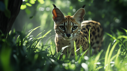 Obraz premium A serval stalking through tall grass, with clear motion capture and no soft focus as it moves through the environment.