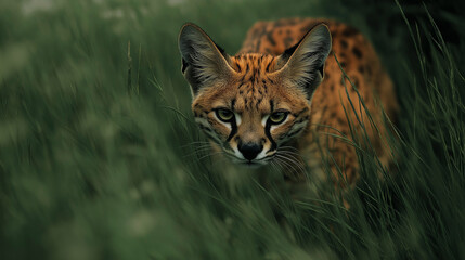 Obraz premium A serval stalking through tall grass, with clear motion capture and no soft focus as it moves through the environment. v2