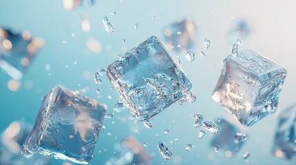   Three ice cubes float in clear skies against blue-gray backdrop as water droplets cascade
