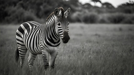 Fototapeta premium Black and white image of zebra in grass field 