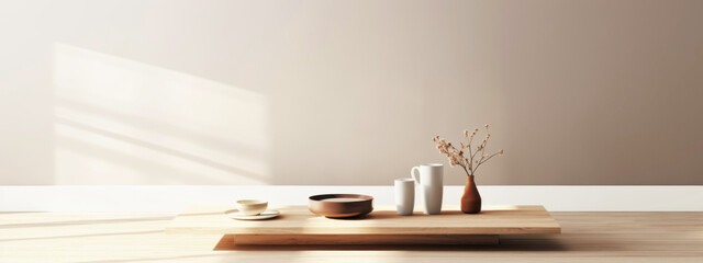 dried flower in vase with a cup of coffee on  wooden tray table