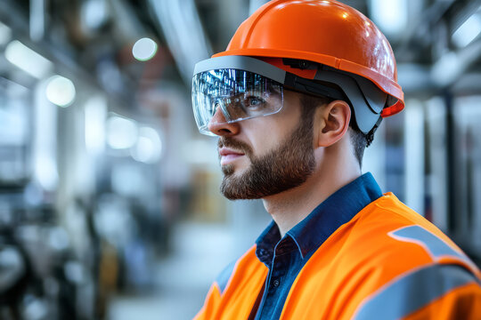 focused engineer wearing AR glasses and orange safety vest works in modern factory, showcasing advanced technology in industrial settings