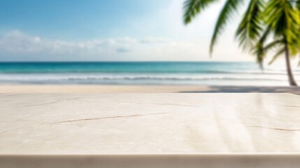 Fototapeta premium Stunning White Marble Table Displayed Elegantly with a Beautiful Tropical Beach and Turquoise Waters in the Background