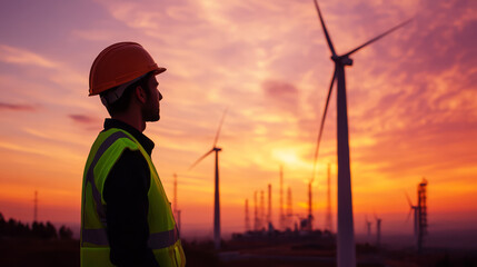 man in safety vest and helmet observes wind turbines at sunset, symbolizing renewable energy and sustainable development. vibrant sky enhances scenes inspiring mood