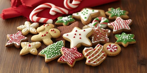 illustration Christmas cookies shaped like stars, gingerbread men, and candy canes, beautifully arranged on a wooden table