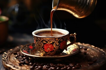 A traditional Turkish pot pours steaming coffee into a beautifully designed cup resting on a golden tray adorned with coffee beans