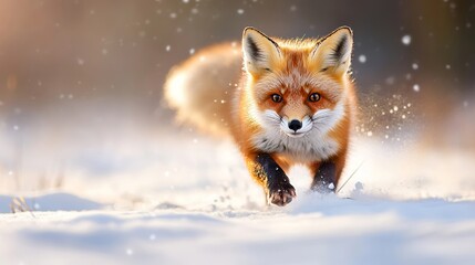 Obraz premium A Stunning Red Fox Running Gracefully Through a Snow-Covered Forest, Capturing the Beauty of Winters Wilderness