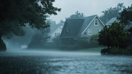 A suburban neighborhood being hit by heavy rain and strong winds during a storm