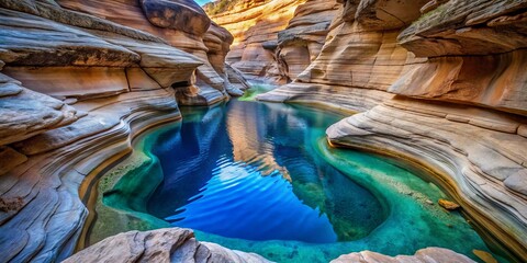 A Top-Down View of a Turquoise Pool in a Canyon, Sandstone Layers, Blue Water, Canyon Reflection, canyon, pool, sandstone