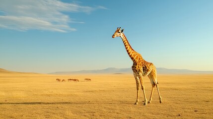 A Majestic Solitary Giraffe Stands Gracefully in the Expansive African Savanna Under a Vibrant Sunset Sky
