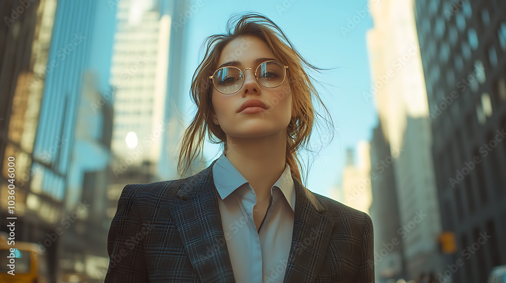 Wall mural a woman wearing glasses and a suit is standing in a city street