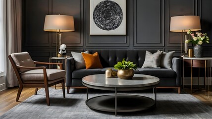 Sophisticated arrangement in a living room featuring a charcoal sofa, armchair, round coffee table, lamp, and curated decor pieces. Urban chic style. 