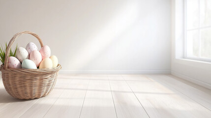 Obraz premium Easter eggs in a wicker basket on a sunlit white wooden floor in a room