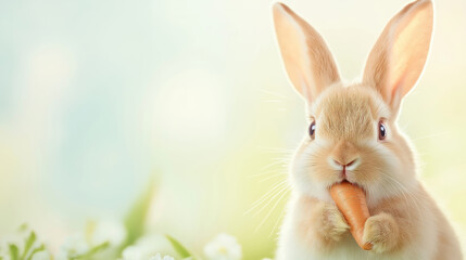 Obraz premium Adorable fluffy bunny rabbit is enjoying a carrot in a meadow full of spring flowers
