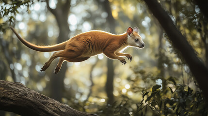 A tree kangaroo mid-leap between trees, its movements captured with precise focus, avoiding any soft focus or motion blur. v3