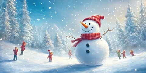 Obraz premium illustration Snowman with a red scarf, carrot nose, kids playing in the background