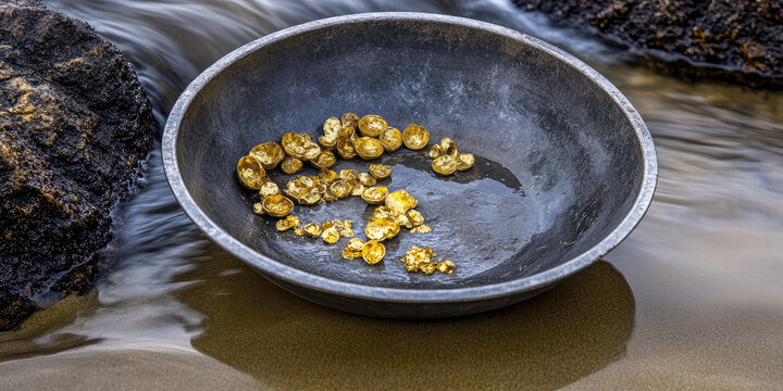 Closeup Gold on grungy wash pan with river sand. Gold digging discovery 