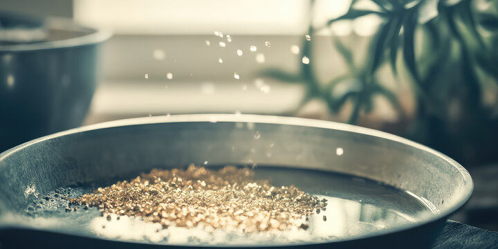Closeup Gold on grungy wash pan with river sand. Gold digging discovery 