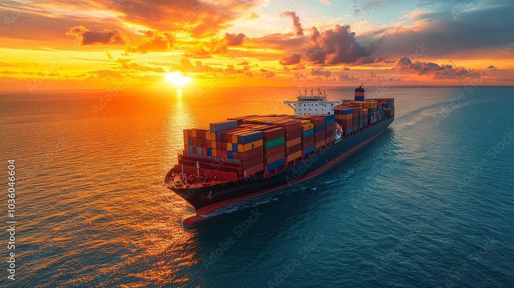 Poster A large container ship sails smoothly across tranquil waters, illuminated by the warm hues of a stunning sunset. The sky is filled with clouds reflecting shades of orange and pink.