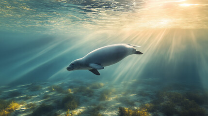 Fototapeta premium A dugong gracefully swimming in clear tropical waters, with the gentle sunlight filtering through the water without creating noise or artifacts. v2
