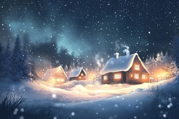 illustration Winter village covered in snow, twinkling lights, starry sky 