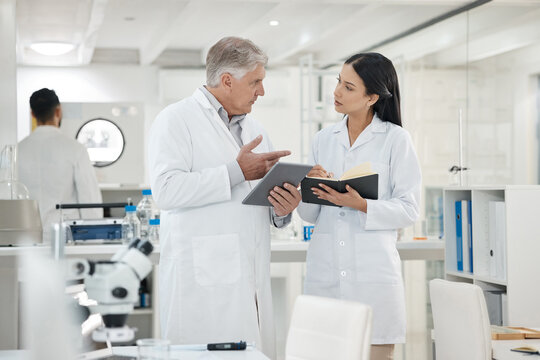 Scientist, people and writing in notebook in lab of disease experiment, medical study and dna process. Researcher, team and molecule research with engineering, vaccine results and healthcare solution