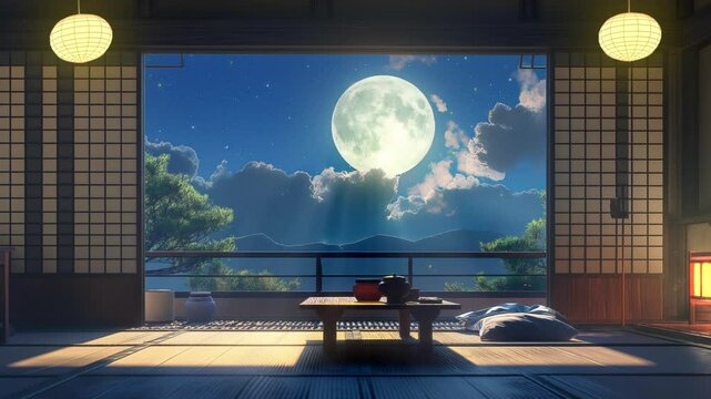 月明かりが照らす和室 日本 和室 蛍 満月 シームレス 背景素材