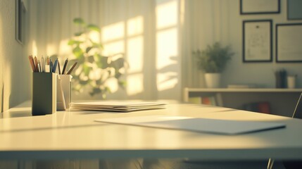 Sunlight Streams Into a Cozy Study Space, Illuminating a White Table Adorned With Stationery and Papers