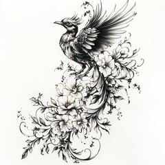 Fototapeta premium Bird with flowers tattoo design black and white art illustration sketch drawing