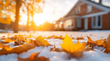 Obraz premium Sunset with first snow and blurred house in background, golden maple leaves on the ground