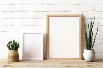 Mock up poster frame with succulent plant in pot on wooden table