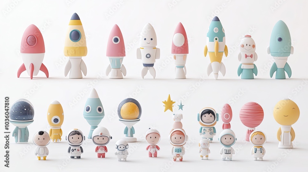 Poster colorful rockets and astronauts on display generative ai