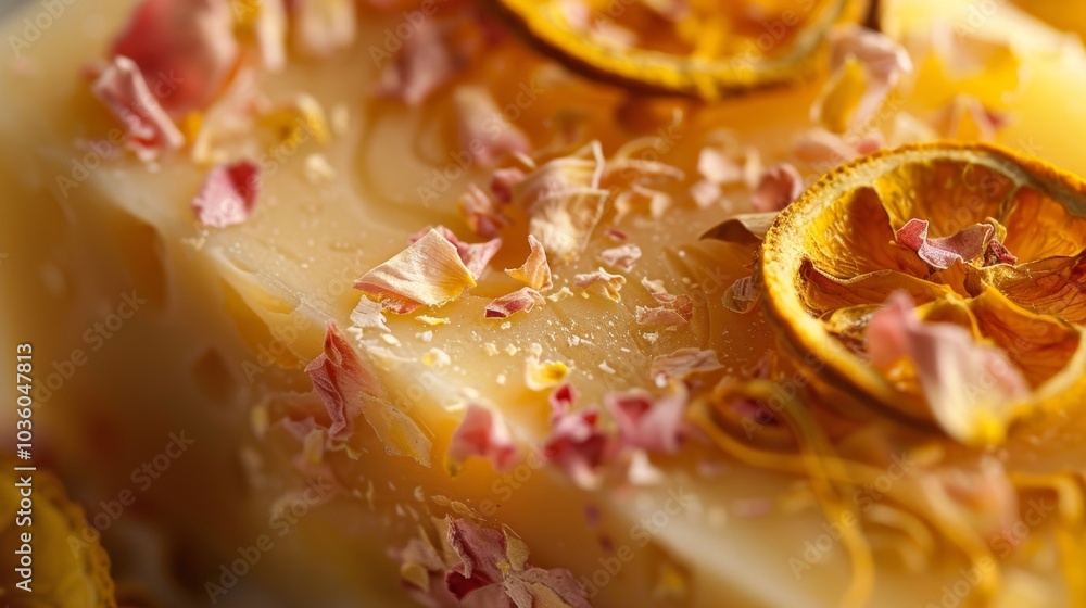 Poster A macro photo of a rustic soap bar showcasing the rough uneven surface molded by hand. The soap features an abstract design made of crushed rose petals and dried orange peel giving