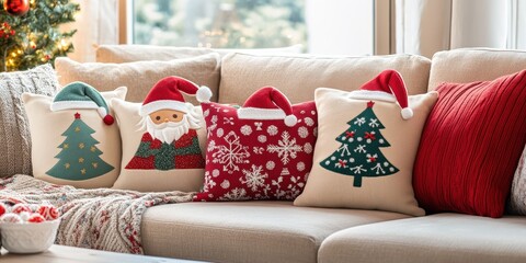 photo Holiday-themed throw pillows shaped like Christmas trees, snowflakes, and Santa hats on a cozy couch 