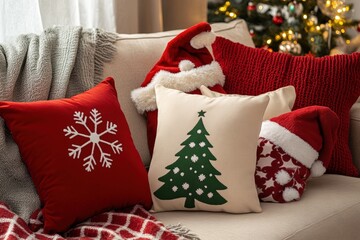 photo Holiday-themed throw pillows shaped like Christmas trees, snowflakes, and Santa hats on a cozy couch 