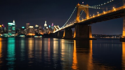 Fototapeta premium A blurred view of the illuminated Brooklyn Bridge over the East River with the Manhattan skyline in the background, reflecting in the water at night.
