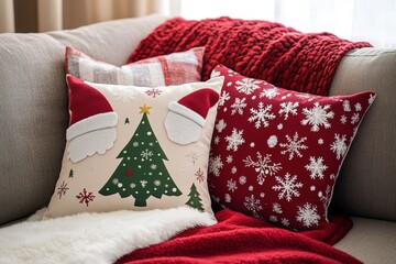 photo Holiday-themed throw pillows shaped like Christmas trees, snowflakes, and Santa hats on a cozy couch --ar 3:2 --style raw --v 6.1 Job ID: ee8dad4e-cad7-4693-91ef-08be563a5759