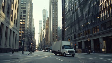 A delivery truck on a city street, urban setting with skyscrapers in the background, Cinematic style