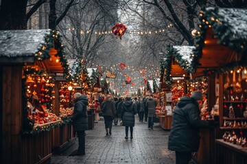 Obraz premium photo Traditional Christmas market with twinkling lights, wooden stalls selling ornaments, and people sipping hot chocolate