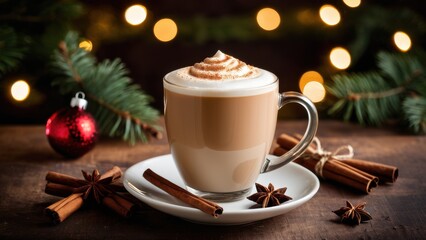 A festive cup of holiday spiced latte with whipped cream and cinnamon sticks, perfect for cozy winter or Christmas themes