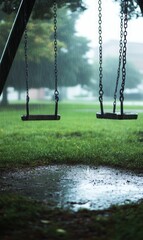 Rainy day, empty swings, wet grass.