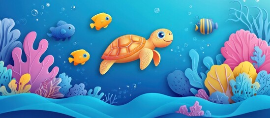 Fototapeta premium Cute cartoon sea turtle swimming in the ocean with colorful coral reefs and fish.