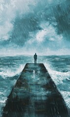 A lone man stands on a pier in a storm.