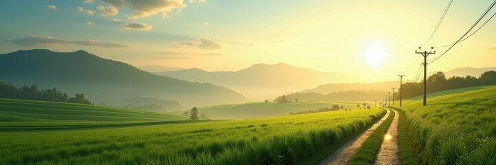 Fototapeta premium Serene landscape showcasing utility power lines against a backdrop of rolling hills and a rising sun, ideal for public utility or environmental themes.