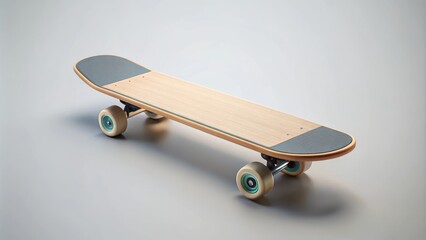Black skateboard with gold trucks and blue wheels standing on a gray background