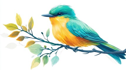 Fototapeta premium A vivid bird perched on a leafy branch, with shades of blue, yellow, and green behind it on a white canvas