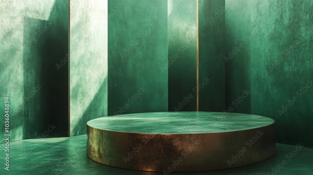 Poster a unique, modern display area features a smooth circular platform set against a vibrant green textur